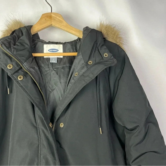 Old Navy Black Faux Fur Trim Hooded Parka Winter Jacket S - Picture 5 of 6